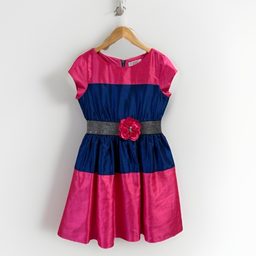 US Angels Girls Sz 8 Pink And Navy Special Occasion Fancy Dress Cap Sleeve Party